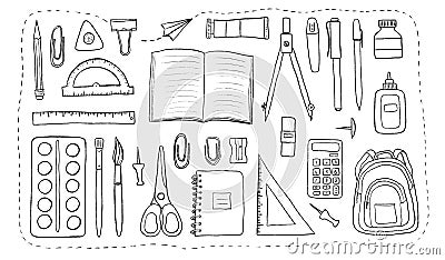 A set of accessories for school and office. A line art of stationery isolated on a white background. illustration Cartoon Illustration