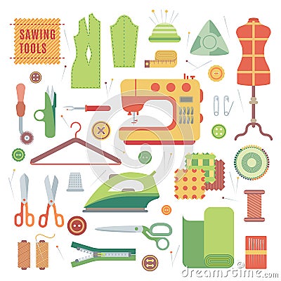 Set of accessories for sewing machines and handmade with dressmaking accessories textile vector. Vector Illustration