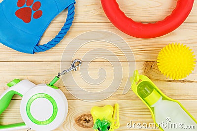Set of accessories for walking your dog: leash, bottle for water, dog cleaning bags on wooden background. Pet care and training Stock Photo