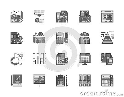 Set of Accounting Report Grey Icons. Presentation, Bank Account, Resume and more Vector Illustration