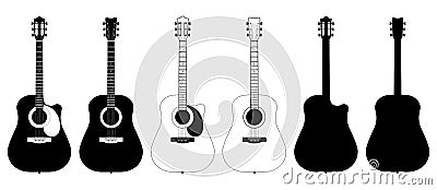 A set of acoustic classic guitars of black on white background. String musical instruments Vector Illustration