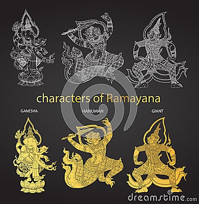 Set action characters of Ramayana,thai tradition style Vector Illustration