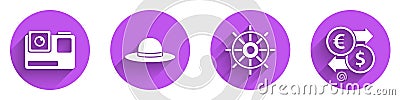 Set Action extreme camera, Elegant women hat, Ship steering wheel and Money exchange icon with long shadow. Vector Vector Illustration