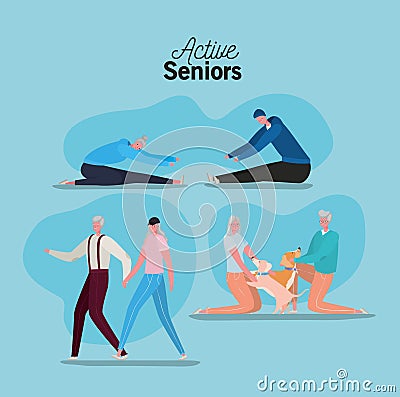 Set of active seniors woman and man cartoons on blue background vector design Vector Illustration