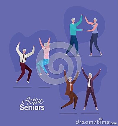 Set of active seniors woman and man cartoons on purple background vector design Vector Illustration