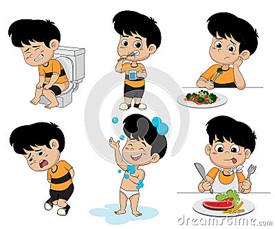 Set of daily activities routines,kid taking a bath, Funny littl Vector Illustration