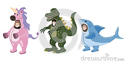 Set Actors in animal Unicorn Dinosaur, Shark costume. Theme party, Birthday kid, children animator, entertainer wearing Vector Illustration