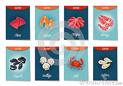 Set of AD-cards, banners, tags, package with cartoon sea food Vector Illustration