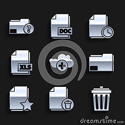 Set Add cloud, Delete file document, Trash can, Document folder, with star, XLS, clock and Unknown icon. Vector Stock Photo