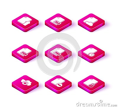 Set Add cloud, Document with minus, PDF file document, PSD, and lock, clock, Cloud storage text and XLS icon. Vector Stock Photo