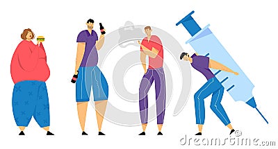 Set of Addicted Human Characters, Overeating, Smoking, Drug and Alcohol Addiction, Bad Habits, Self Destruction Vector Illustration