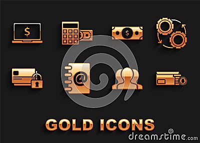 Set Address book, Gear and arrows as workflow process concept, Envelope with coin dollar symbol, Users group, Credit Vector Illustration