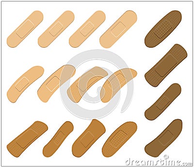 Set of Adhesive, flexible, fabric plaster. Medical bandage in different shape - curved rectangular. Vector illustration isolated o Vector Illustration