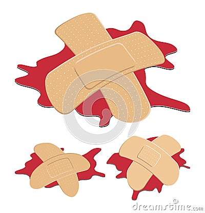 Set of Adhesive, flexible, fabric plaster with red blood puddle. Vector Illustration