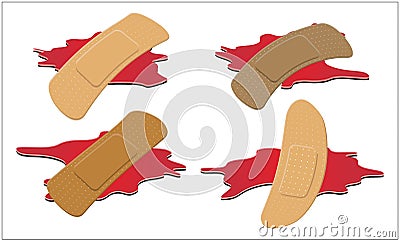 Set of Adhesive, flexible, fabric plaster with red blood puddle. Vector Illustration