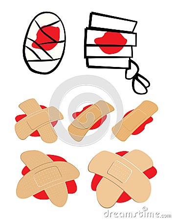 Set of Adhesive plaster and bandage with red blood puddle. Medical equipment in different shapes. Vector illustration o Vector Illustration