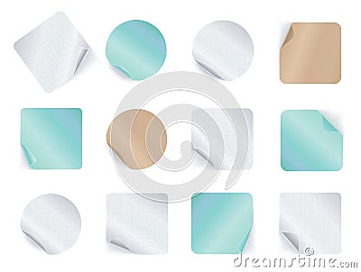 Set of adhesive stickers. Realistic empty sticky labels or price tags set with shadow. Blank round and square mock ups Vector Illustration