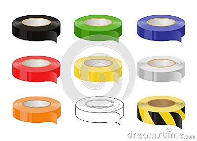 Set of adhesive tapes: black, green, blue, red, yellow, grey, orange, black and yellow caution tape. Isolated illustration. Vector Cartoon Illustration