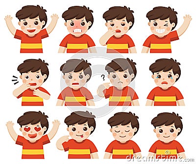 Set of Adorable Boy facial emotions. Vector Illustration