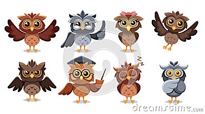 Set Of Adorable Cartoon Owl Characters Featuring Charming, Wide-eyed Owlets In Various Poses And Expressions Vector Illustration