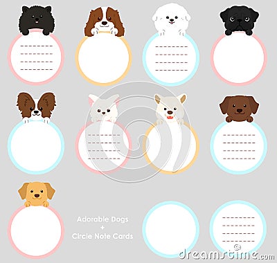 Set of adorable dogs' faces with front paws holding a circle note flat colored Vector Illustration