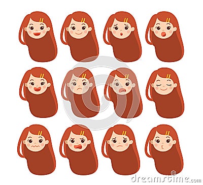 Set of Adorable Girl facial emotions. Girl face with different expressions. Vector Illustration