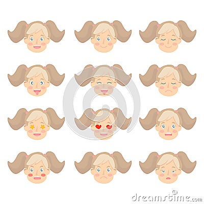 Set of Adorable Girl facial emotions. Girl face with different expressions. Vector Illustration