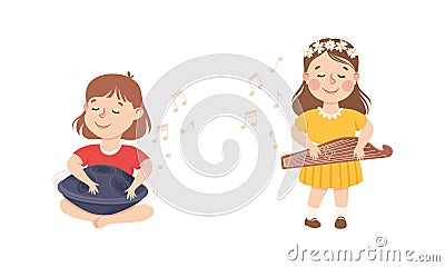 Set of adorable kids playing musical instruments. Cute girls playing plucked and percussion musical instruments cartoon Vector Illustration
