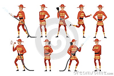 Set of adult male firefighter stand on ground wearing fireproof form cartoon character design flat vector illustration Cartoon Illustration