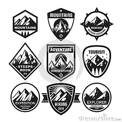 Set of adventure outdoor concept badges, summer camping emblem, mountain climbing logo in black & white colors. Monochrome stencil Vector Illustration