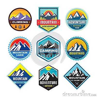 Set of adventure outdoor concept badges, summer camping emblem, mountain climbing logo in flat style. Extreme exploration sticker Vector Illustration