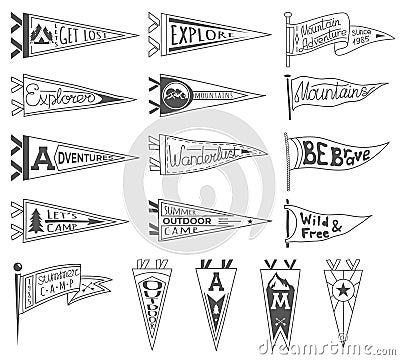 Set of adventure, outdoors, camping pennants. Retro monochrome labels. Hand drawn wanderlust style. Pennant travel flags Vector Illustration