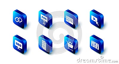 Set Advertising, Browser window, setting, Shopping cart, SEO optimization and Chain link icon. Vector Stock Photo