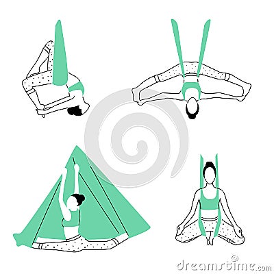 Set of aerial, fly yoga poses. Anti-gravity yoga minimalistic design. Vector illustration Vector Illustration