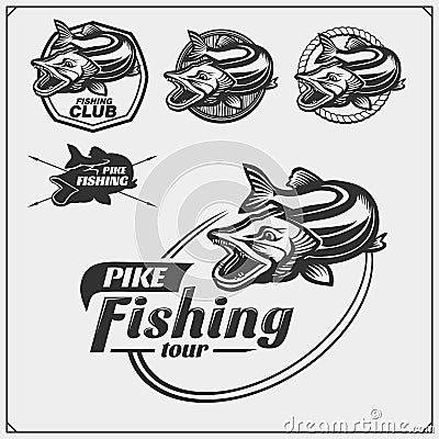 Set af fishing labels with a pike and fishing tackle. Fishing emblems and design elements. Vector Illustration