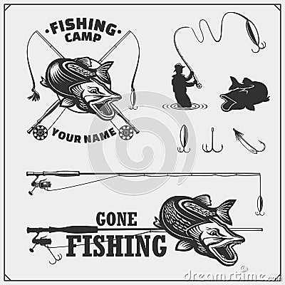 Set af fishing labels with a pike and fishing tackle. Fishing emblems and design elements. Vector Illustration