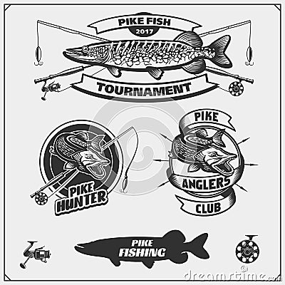 Set af fishing labels with a pike and fishing tackle. Fishing emblems and design elements. Vector Illustration