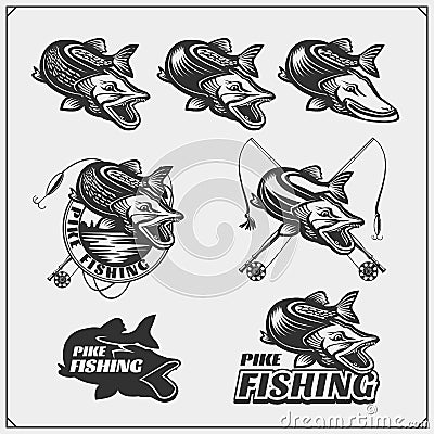 Set af fishing labels with a pike and fishing tackle. Fishing emblems and design elements. Vector Illustration