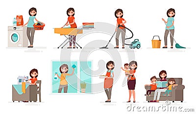 Set of affairs woman housewife. Mother washes, irons, vacuums, c Cartoon Illustration