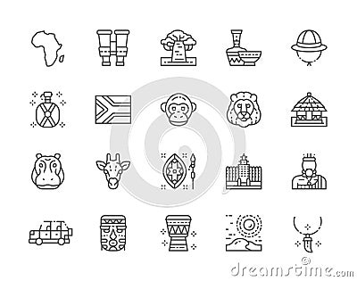 Set of Africa Line Icons. Tooth Pendant, Binoculars, Pottery, Animals and more. Vector Illustration