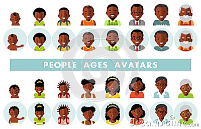 Set of african american ethnic people generations avatars at different ages Vector Illustration