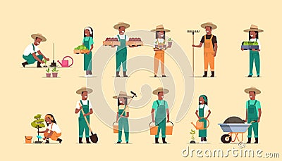 Set african american farmers holding different farming equipment harvesting planting vegetables male female agricultural Vector Illustration