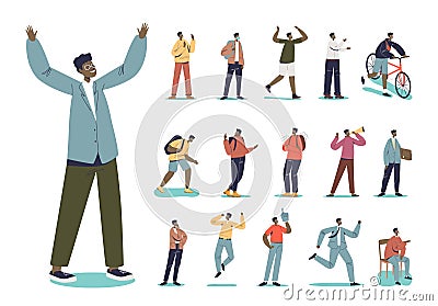 Set of african american male wearing suit and glasses in different lifestyle situations and poses Vector Illustration