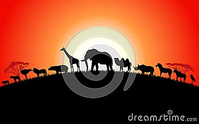 Set of african animals silhouette on sunset Vector Illustration