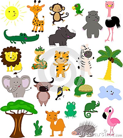 Set of African cute and fun animals and birds. Isolated. Vector Illustration