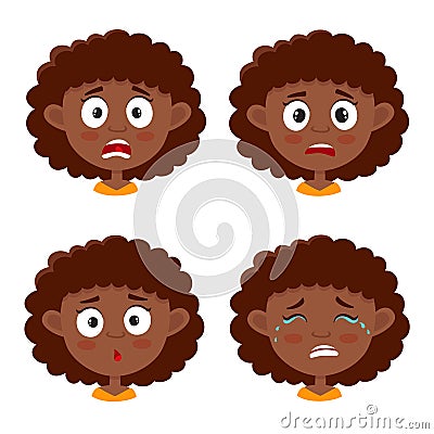 Set of african girl scared face expression isolated on white Vector Illustration