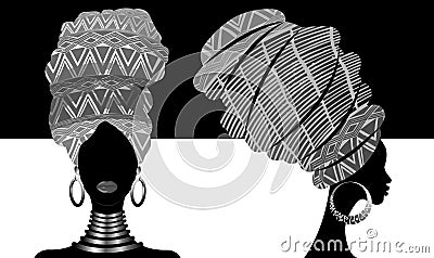 Set African scarf, portrait Afro women in a striped turban. Tribal Wrap fashion, Ankara, Kente, kitenge, African woman dresses Vector Illustration