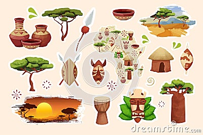 Set African stickers traditional hut with straw roof, baobab shield with spear, tribal mask, drum in cartoon style Vector Illustration