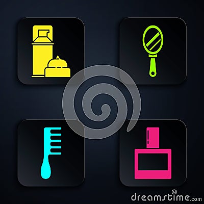 Set Aftershave, Shaving gel foam, Hairbrush and Hand mirror. Black square button Vector Illustration