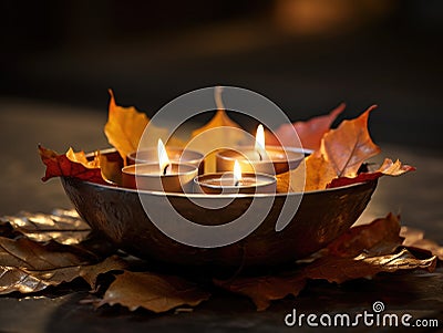 Autumn Serenity: Tarnished Brass Bowl with Floating Candles and Leaves on a Smooth Slate Canvas Stock Photo